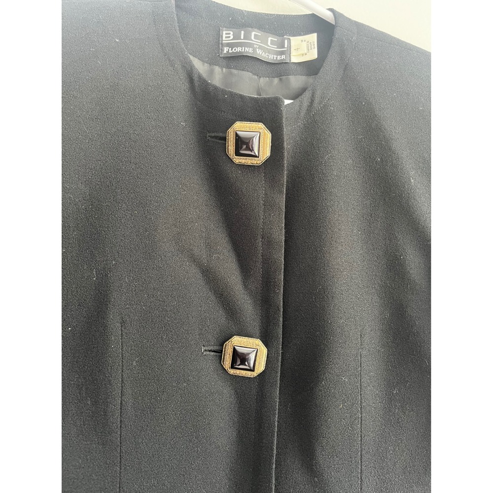 Bicci by Florine Wachter Black Wool‎ Collarless Blazer Gold Button Vintage Sz 4 - Picture 3 of 10